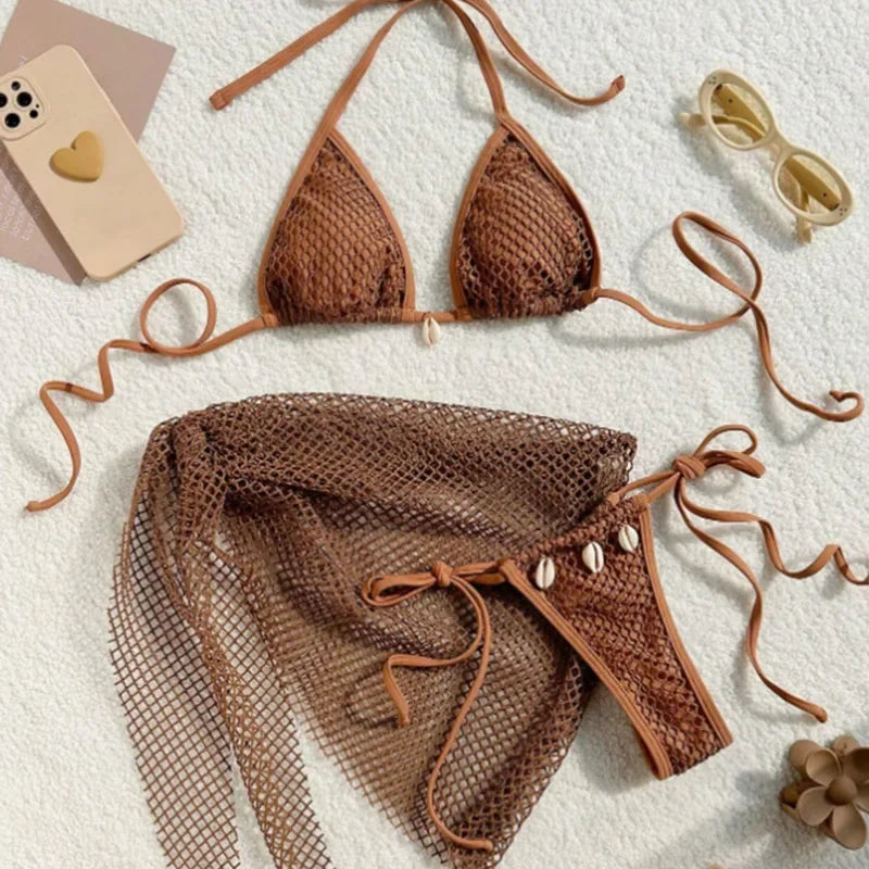 Sexy 3-teiliges Brazilian Bikini Set – Damen Push-Up Badeanzug mit Strandrock & Low-Waist Slip